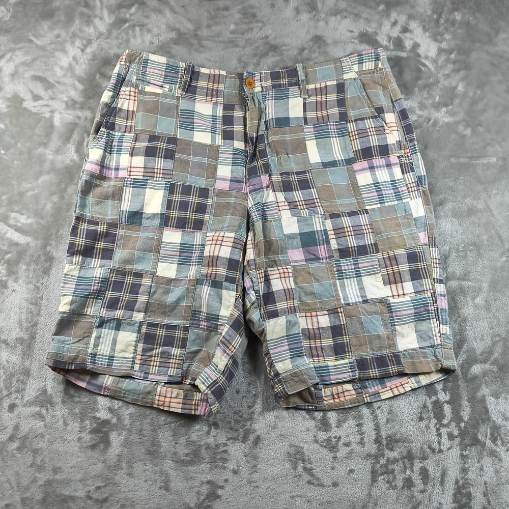 J Crew Field Shorts Mens 35 Madras Plaid Patchwork Chinos Casual Flat Front New